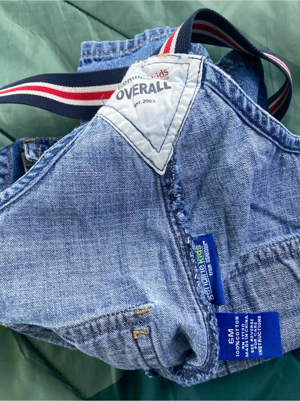 Oshkosh B Gosh festive denim overalls with red and white straps 6 month